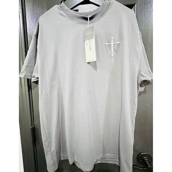 Jaqwin Other - Jaqwin Mens Heavyweight Drop Shoulder T-Shirt Charcoal Gray Gothic Cross Small